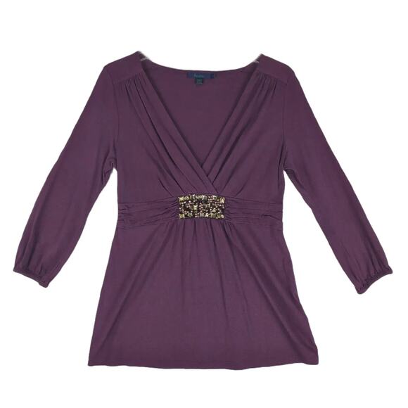 BODEN Women's 12 Embellished Rhinestone Jewels V-Neck Purple 3/4 Sleeve Top - Picture 1 of 6